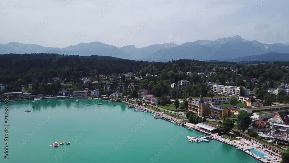 Villach, Austria — 12 jun 2018. Aerial view of Wörthersee lake in Alps Mountains Villach, Austria — 12 jun 2018. Aerial view of Wörthersee lake in Alps Mountains
