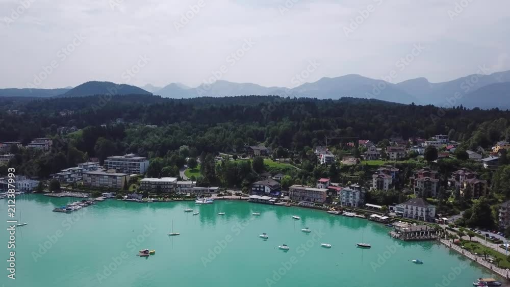 Villach, Austria — 12 jun 2018. Aerial view of Wörthersee lake in Alps Mountains Villach, Austria — 12 jun 2018. Aerial view of Wörthersee lake in Alps Mountains