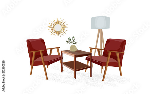 vector interior design illustration. mid century modern living room. home house 1960 1950 furniture. wallpaper armchair tripod lamp. trend trendy designer. 