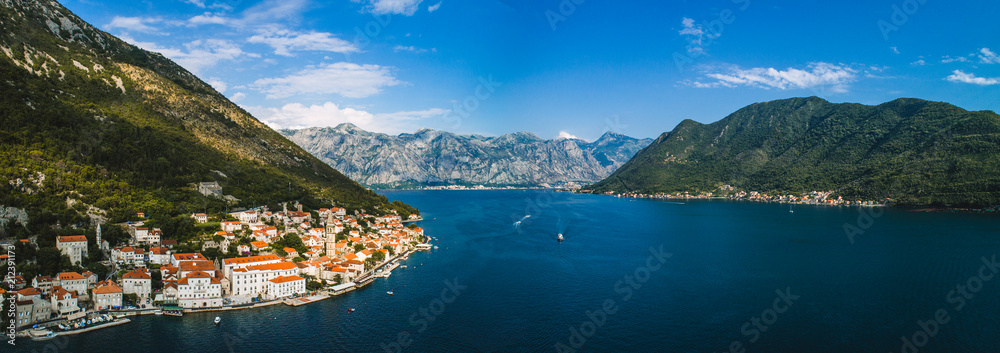Aerial beautiful panoramic view at Perast town and Kotor bay. Montenegro