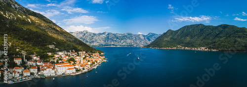 Aerial beautiful panoramic view at Perast town and Kotor bay. Montenegro