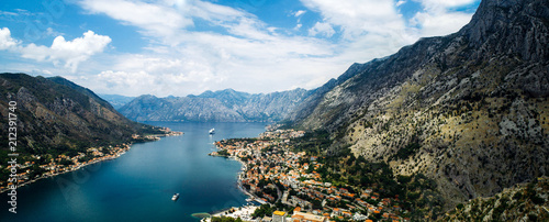 Panoramic View of kotor old town from Lovcen mountain in Kotor, Montenegro. Kotor is part of the unesco world. photo