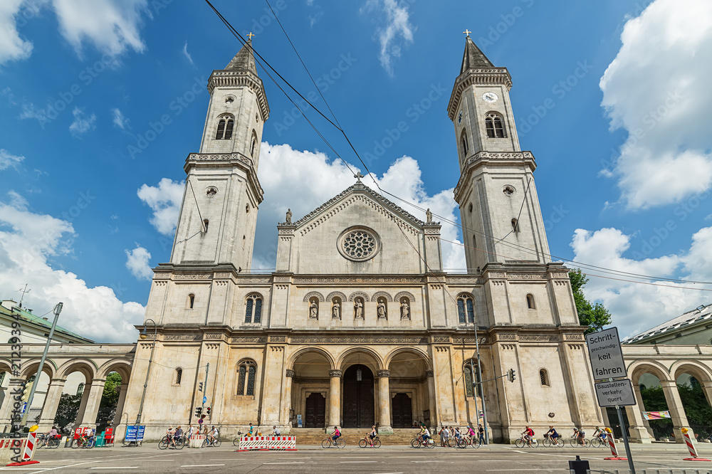 Munich, Germany June 09, 2018: The Catholic Parish and University Church St. Louis, called Ludwigskirche, in Munich is a monumental church in neo-romanesque style.