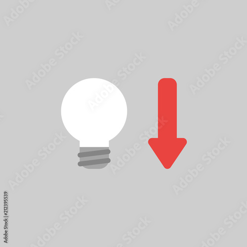 Vector icon concept of light bulb with arrow moving down on grey background