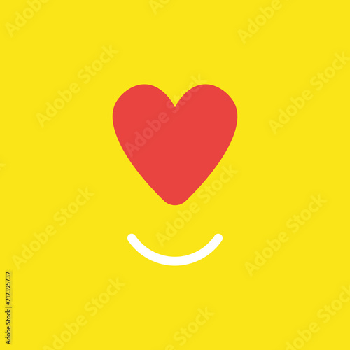 Vector icon concept of red heart with smiling mouth on yellow background