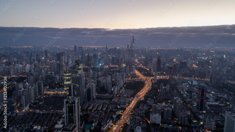 Fototapeta premium Aerial View of Shanghai city in the dawn