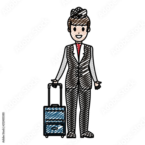 doodle happy stewardess wih hairstyle and luggage object