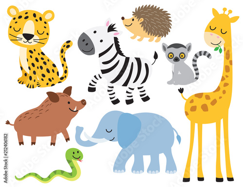 Vector illustration of cute wild animals including leopard, zebra, giraffe, elephant, boar, hedgehog, snake, elephant and lemur.