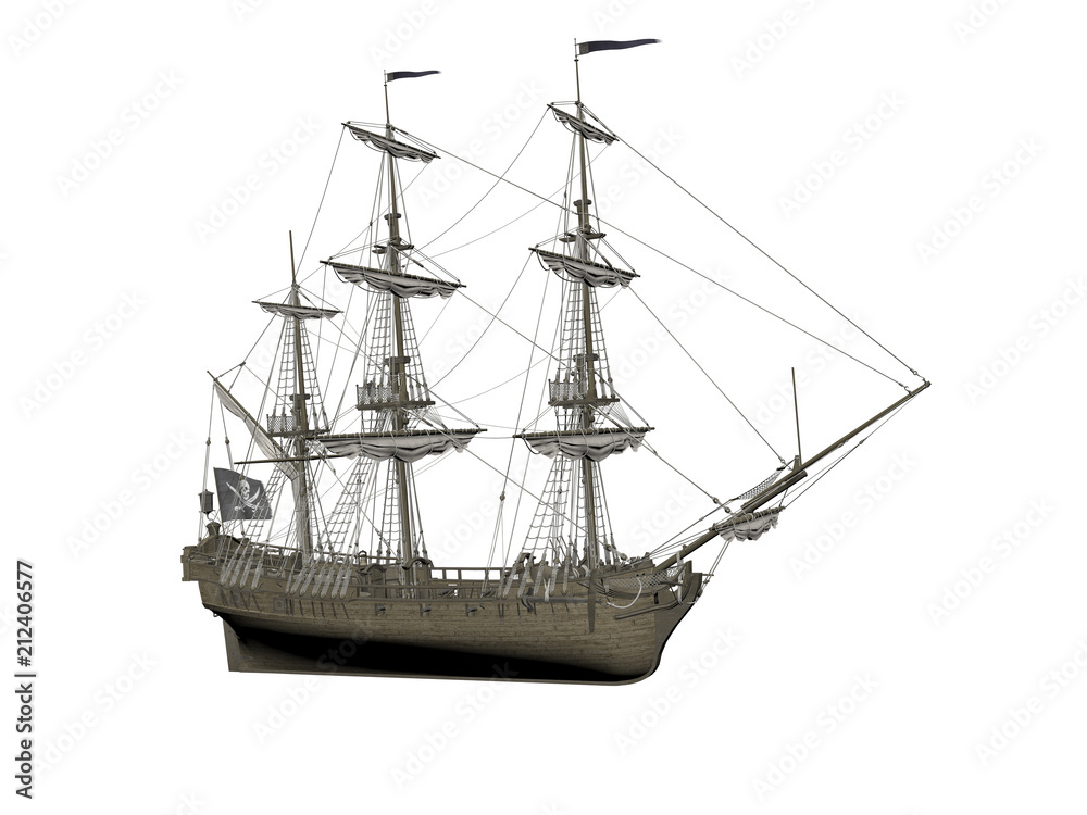 Close up 3d rendering of pirate ships scene isolated on white