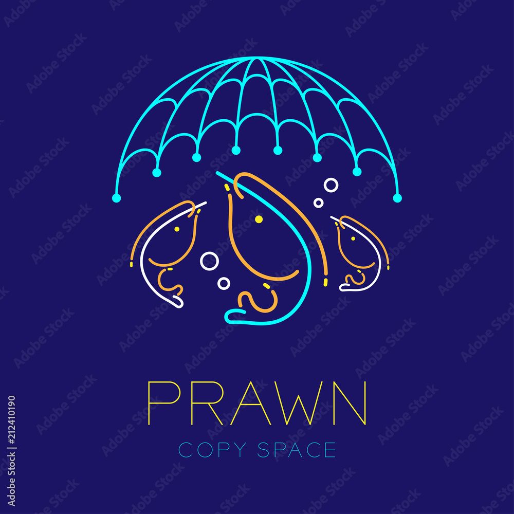 Prawn or shrimp, Fishing net and Air bubble logo icon outline stroke set  dash line design illustration isolated on dark blue background with prawn  text and copy space Stock Vector