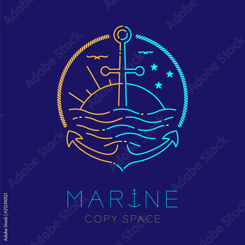 Anchor, sun, moon and wave shape, logo icon outline stroke set dash line design illustration isolated on dark blue background with marine text and copy space