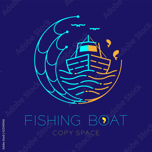 Fishing boat, fish, seagull, wave and Fishing net circle shape logo icon outline stroke set dash line design illustration isolated on dark blue background and copy space