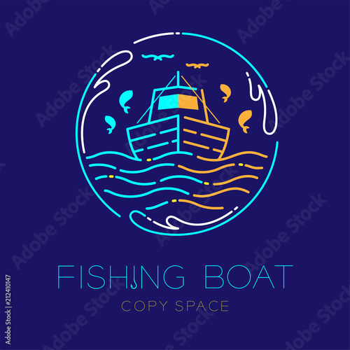 Fishing boat, fish, seagull, wave and Water splash circle frame shape logo icon outline stroke set dash line design illustration isolated on dark blue background with fishing boat text and copy space