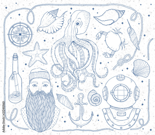 Hand drawn Vintage nautical Set. It consists of octopus, anchor, sailor, bottle with a message, seashells, crab, compass, diving helmet, rope and sea knot.