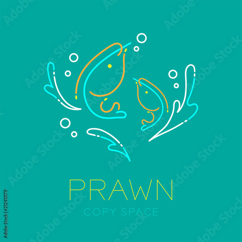 Prawn or shrimp, Water splash and Air bubble logo icon outline stroke set dash line design illustration isolated on green turquoise background with prawn text and copy space