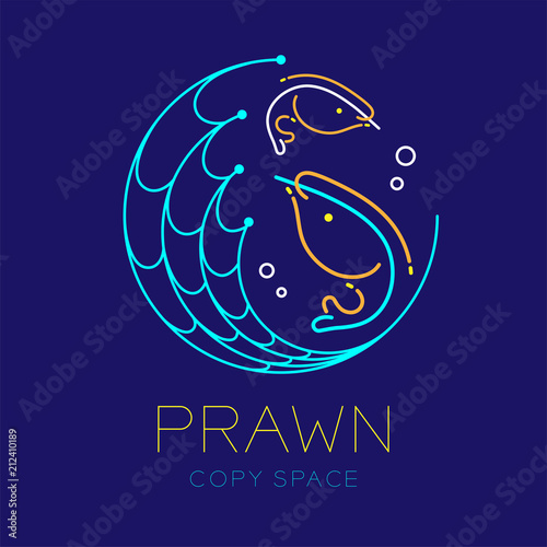 Prawn or shrimp, Fishing net circle shape and Air bubble logo icon outline stroke set dash line design illustration isolated on dark blue background with prawn text and copy space