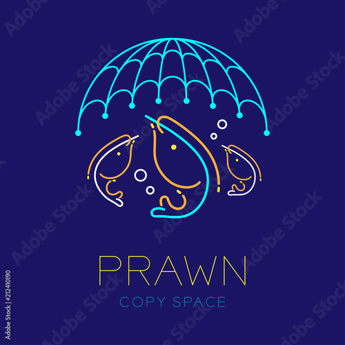 Prawn or shrimp, Fishing net and Air bubble logo icon outline stroke set dash line design illustration isolated on dark blue background with prawn text and copy space