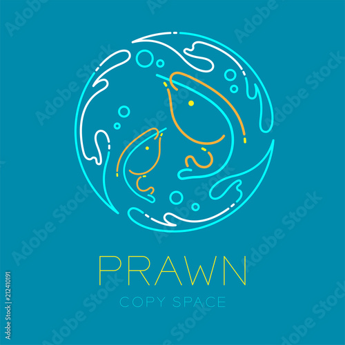 Prawn or shrimp, Water splash circle frame shape and Air bubble logo icon outline stroke set dash line design illustration isolated on blue background with prawn text and copy space