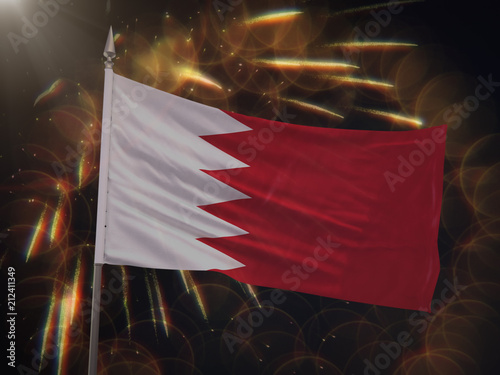 Flag of Bahrain with fireworks display in the background