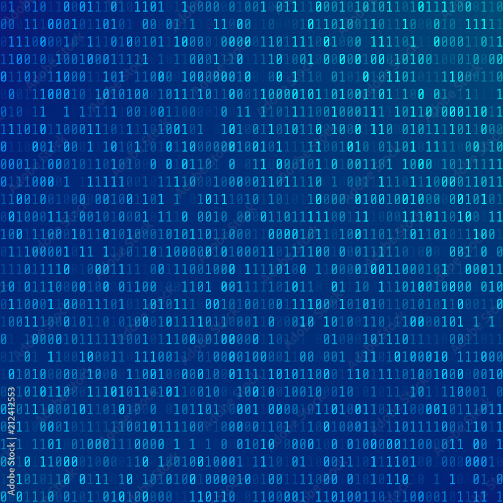 Binary computer code. Abstract Technology background. Stream of zeros and ones. Programming encoded information. Matrix of numbers on blue background. Vector illustration