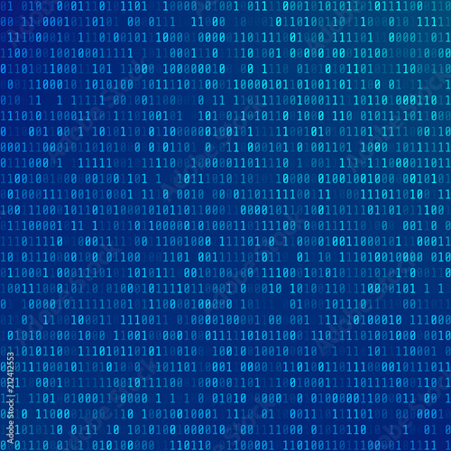 Binary computer code. Abstract Technology background. Stream of zeros and ones. Programming encoded information. Matrix of numbers on blue background. Vector illustration