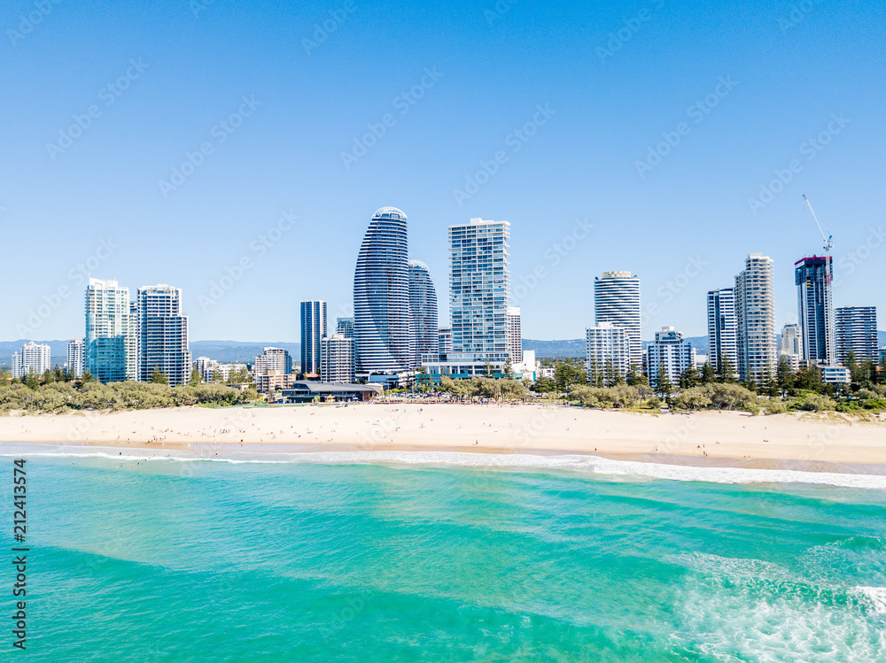 Fototapeta premium An aerial view of Broadbeach on the Gold Coast with blue water