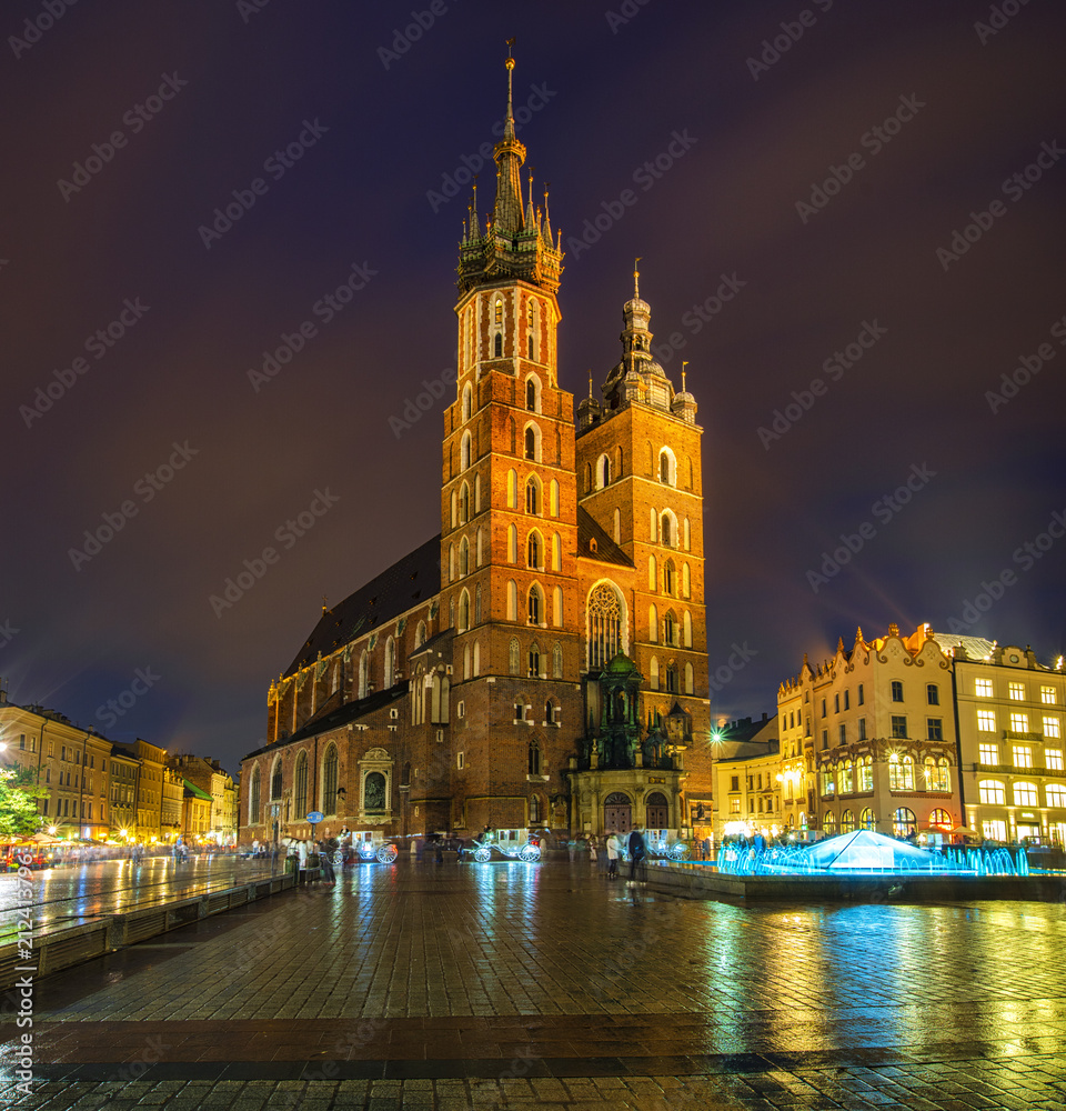 Krakow, Poland-June 2018:St. Mary's Church on the old market square in Krakow