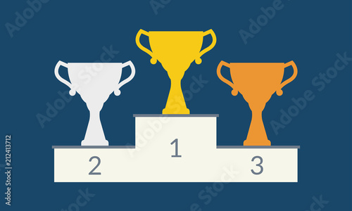 Winner podium with trophy cups. Golden, silver and bronze champion cup. 1st, 2nd and 3rd places prize. Vector illustration.