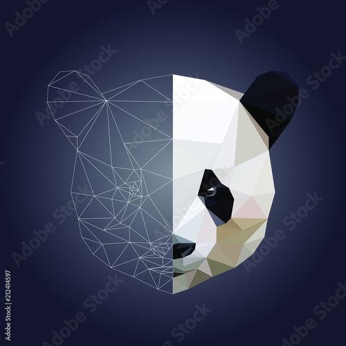 Low poly and wireframe panda face on white background, vector illustration EPS 10 isolated.  Polygonal style trendy modern logo design. Suitable for printing on a t-shirt or sweatshirt, shirt design.