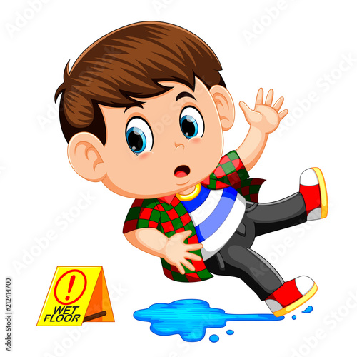 boy slipping on wet floor 