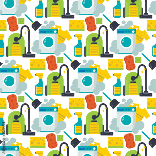 Cleaning vector service design home household work brush seamless pattern background illustration.