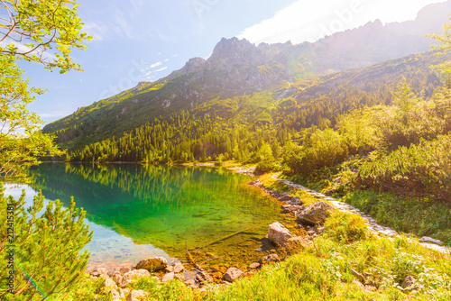 Mountain landscape - view of the Tatra Mountains and Lake Morskoy Oko on a sunny day