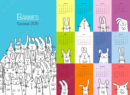 Funny rabbits. Design calendar 2019