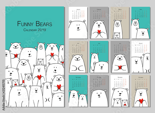 Funny white bears family. Design calendar 2019