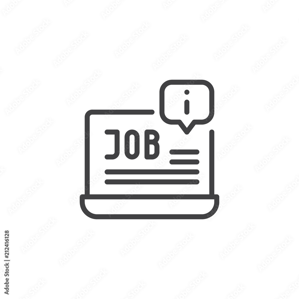 Laptop with Job Notification outline icon. linear style sign for mobile concept and web design. Job information simple line vector icon. Symbol, logo illustration. Pixel perfect vector graphics Laptop with Job Notification outline icon. linear style sign for mobile concept and web design. Job information simple line vector icon. Symbol, logo illustration. Pixel perfect vector graphics