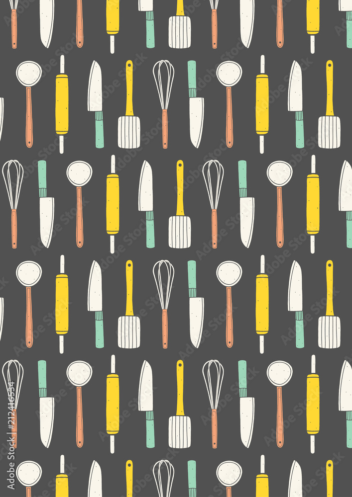 Cooking pattern background. Hand drawn kitchen utensils wallpaper