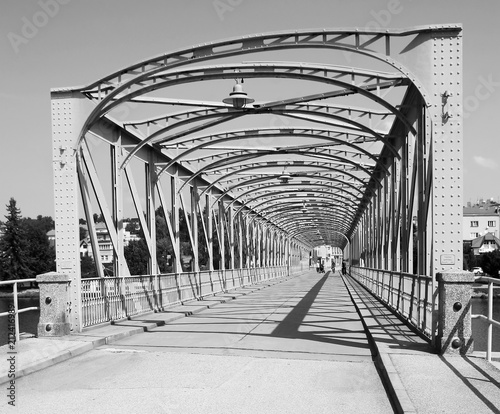 Black-and-white photo of bridge in Týn nad Vltavou. Unique and interesting.  