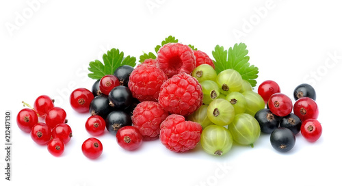 Currants, raspberry and gooseberry on white backgrounds.