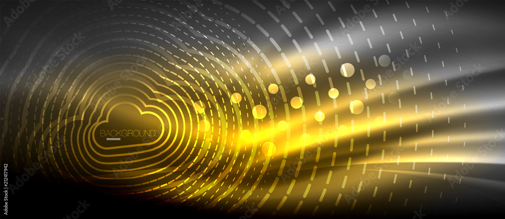 Neon glowing wave, magic energy and light motion background. Wallpaper template, hi-tech future concept