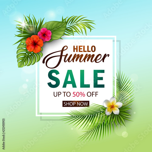 Fototapeta Naklejka Na Ścianę i Meble -  Summer sale banner with tropical flowers and leaves for promotion