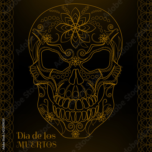 Patterned gold skull in black background for the day of the Dead. Dia de los Muertos. Vector illustration.