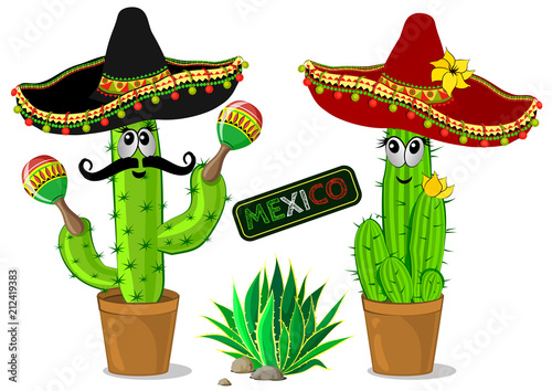 Two cartoon cactuses in Mexican sombrero with maracas. Funny cacti with  muzzles in pots. Vector illustration.