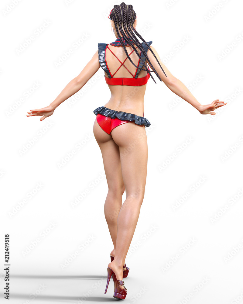 Fototapeta premium 3D Beautiful sexy brunette girl red black latex corset.Minimalist extravagant clothes future.Woman studio photography.High heel.Conceptual fashion art.Burlesque show.Render illustration.Maid uniform