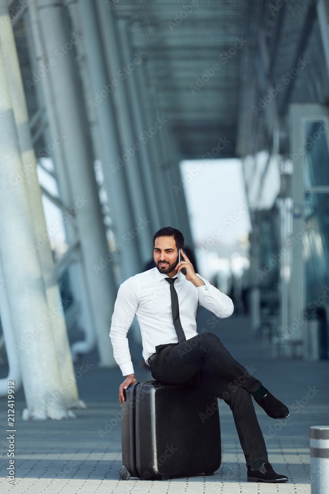 Business Man Talking On Phone Traveling On Business Trip Business Man Talking On Phone Traveling On Business Trip