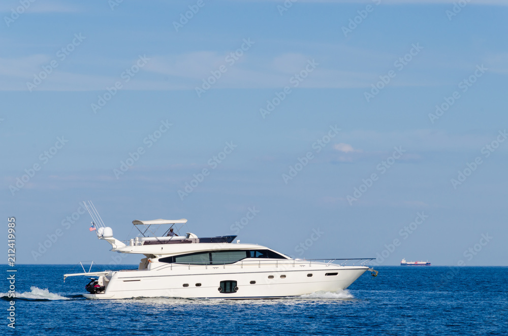 Seascape with white yacht on the sea in Odesa