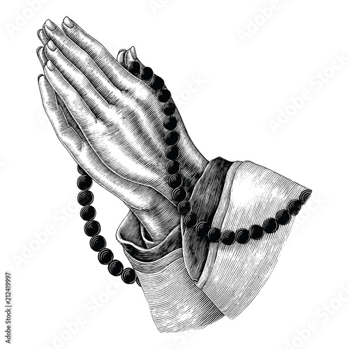 Praying hand drawing vintage clip art isolated on white background