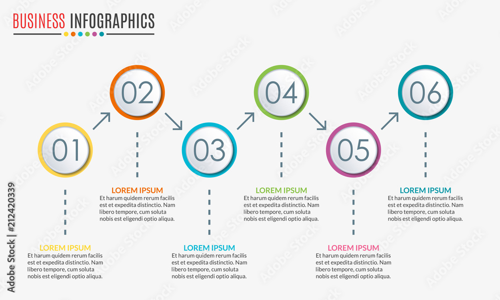6 steps infographic design. Template for diagram, graph and chart. Timeline design with 6 levels, options, circles. Business presentation concept. Vector illustration. 6 steps infographic design. Template for diagram, graph and chart. Timeline design with 6 levels, options, circles. Business presentation concept. Vector illustration.
