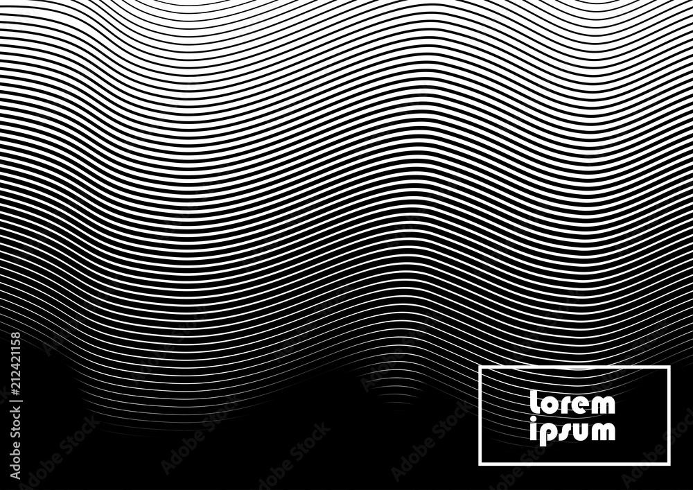 Horizontal abstract background with striped halftone pattern in black and white colors. A wavy texture of gradient line ornament. Design template of flyer, banner, cover, poster in A4 size. Vector 