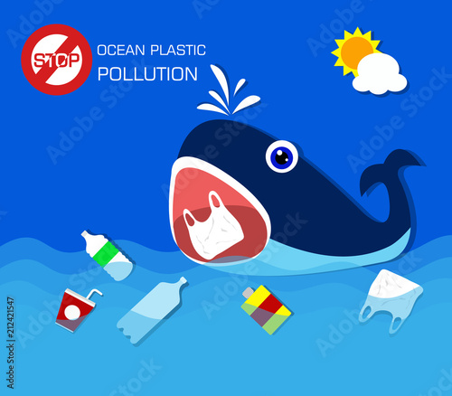 Plastic pollution in ocean environmental problem.Whale eating plastic bags.