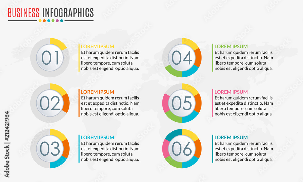 Fototapeta premium Menu template with circular diagram set or pie chart. 6 steps, options, stages or levels. Layout workflow. Modern business infographics design elements. Vector illustration.